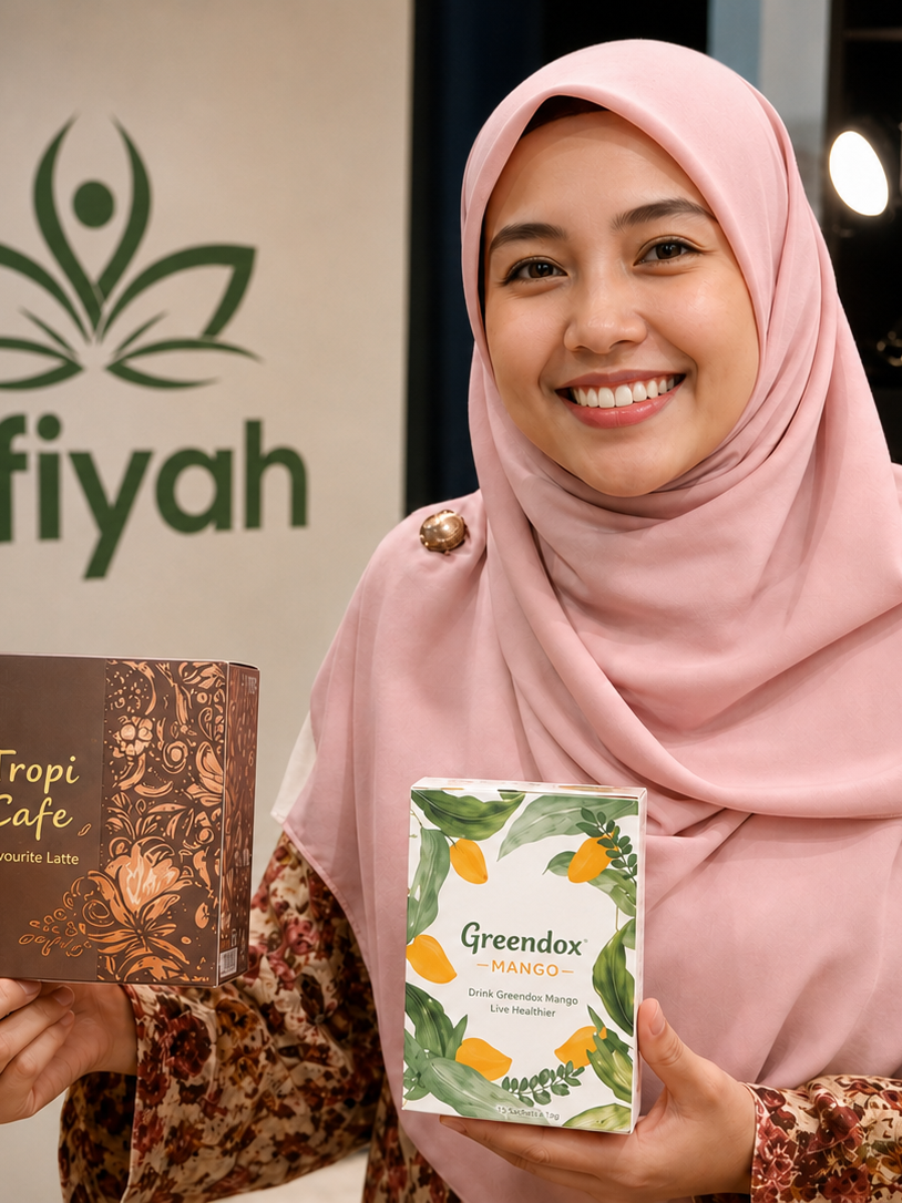 A Muslim lady endorsing Greendox Mango & Tropi Cafe